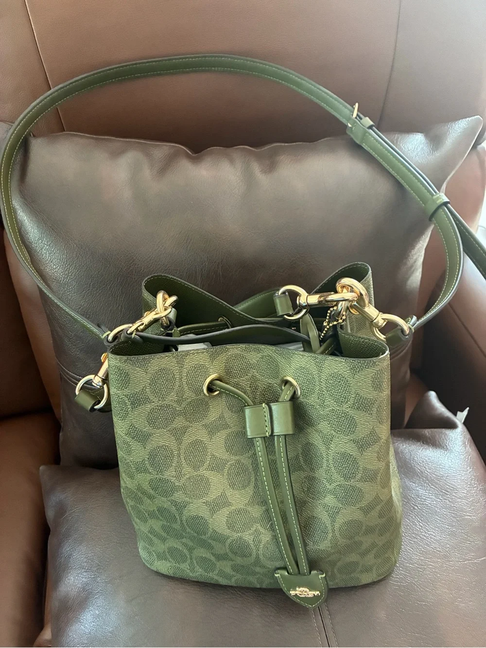 Coach Green Signature Drawstring Bucket Shoulder Bag